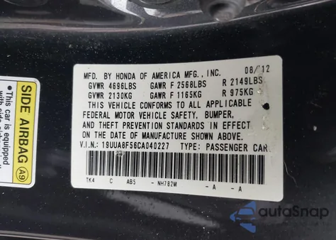 2012 Acura Tl Tech Auto z USA, uszkodzony, nr VIN 19UUA8F56CA040227